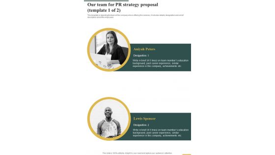 Our Team For Pr Strategy Proposal One Pager Sample Example Document