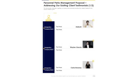 Personnel Perks Management Addressing Our Existing Client Testimonials One Pager Sample Example Document