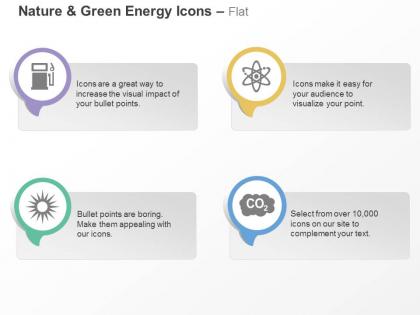 Petrol pump nuclear energy sunlight carbon di oxide emission ppt icons graphics