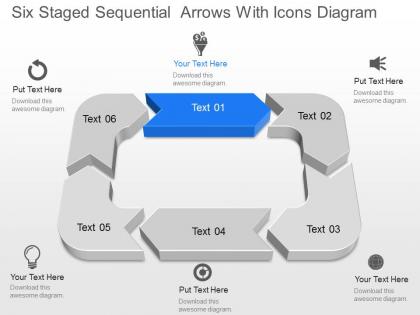 Pj six staged sequential arrows with icons diagram powerpoint template slide