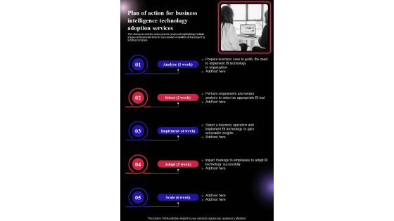 Plan Of Action For Business Intelligence Technology Adoption One Pager Sample Example Document