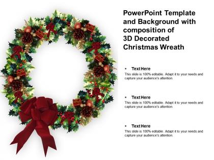 Powerpoint template and background with composition of 3d decorated christmas wreath