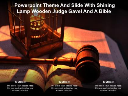 Powerpoint theme and slide with shining lamp wooden judge gavel and a bible