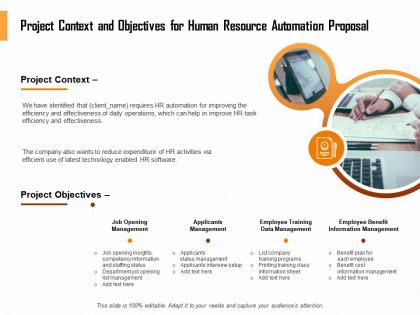 Project context and objectives for human resource automation proposal ppt clipart