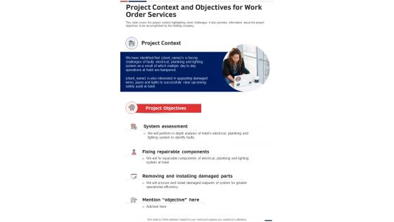 Project Context And Objectives For Work Order Services One Pager Sample Example Document