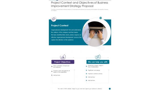 Project Context And Objectives Of Business Improvement Strategy Proposal One Pager Sample Example Document