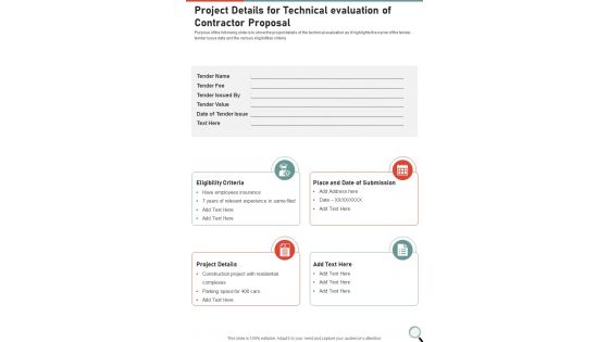 Project Details For Technical Evaluation Of Contractor Proposal One Pager Sample Example Document