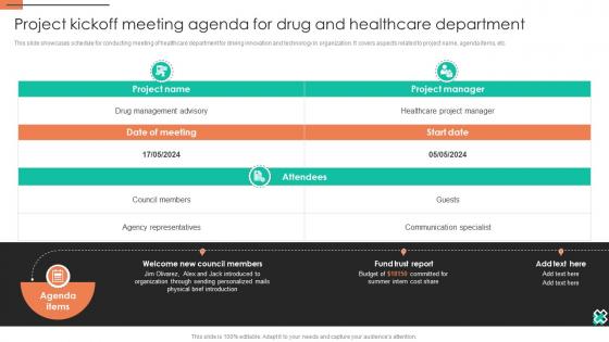 Project Kickoff Meeting Agenda For Drug And Healthcare Department