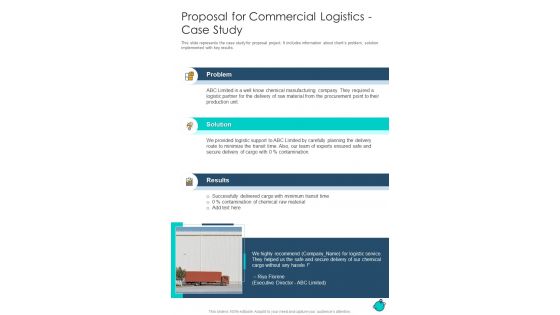 Proposal For Commercial Logistics Case Study One Pager Sample Example Document