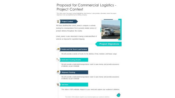 Proposal For Commercial Logistics Project Context One Pager Sample Example Document