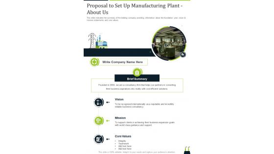 Proposal To Set Up Manufacturing Plant About Us One Pager Sample Example Document