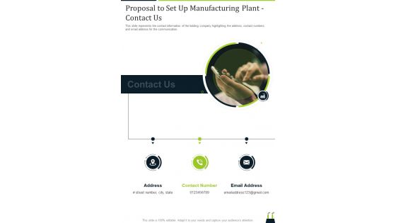 Proposal To Set Up Manufacturing Plant Contact Us One Pager Sample Example Document