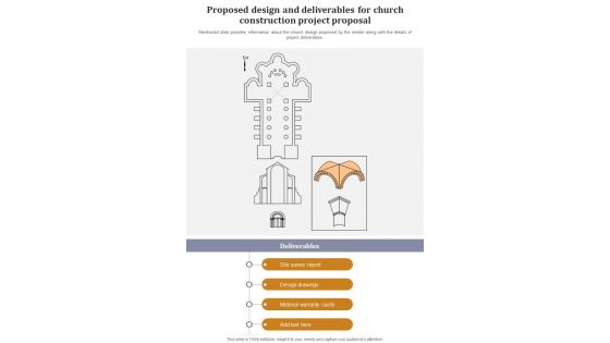 Proposed Design And Deliverables For Church Construction One Pager Sample Example Document