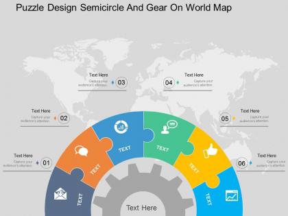 Puzzle design semicircle and gear on world map ppt presentation slides