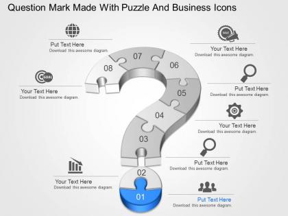 Question mark made with puzzle and business icons powerpoint template slide