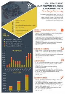 Real estate asset management strategy and implementation one page summary report infographic ppt pdf document