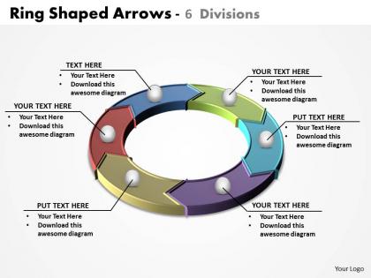 Ring shaped arrows colorful split up into 6 divisions powerpoint diagram templates graphics 712