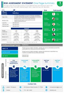 Risk assessment statement one page summary presentation report infographic ppt pdf document