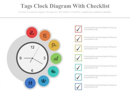 Seven staged tags clock diagram with checklist powerpoint slides