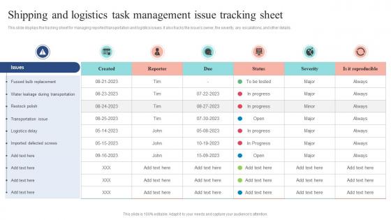 Shipping And Logistics Task Management Issue Tracking Sheet