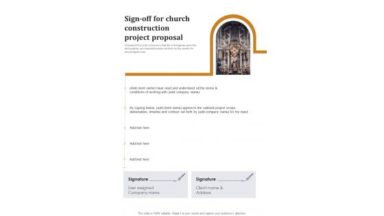 Sign Off For Church Construction Project Proposal One Pager Sample Example Document