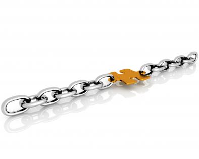 Silver chain connected by a puzzle for two business goals stock photo