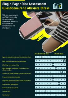 Single pager disc assessment questionnaire to alleviate stress presentation report infographic ppt pdf document