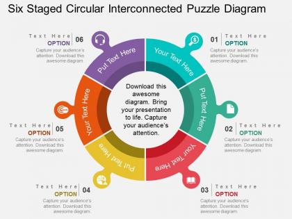 Six staged circular interconnected puzzle diagram flat powerpoint design