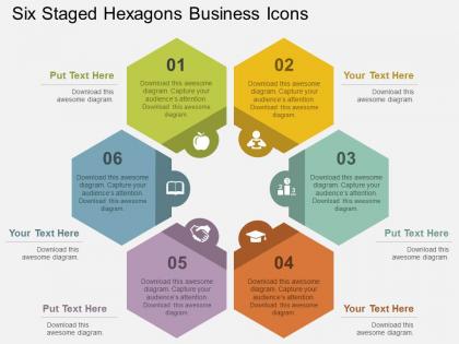 Six staged hexagons business icons flat powerpoint design