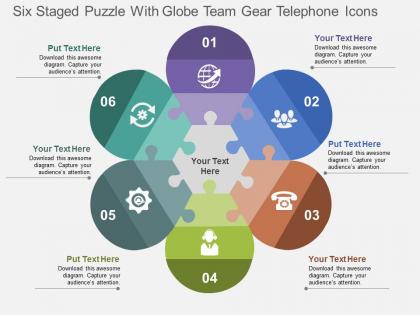 Six staged puzzle with globe team gear telephone icons flat powerpoint design