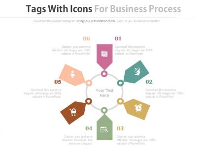 Six staged tags with icons for business process flat powerpoint design