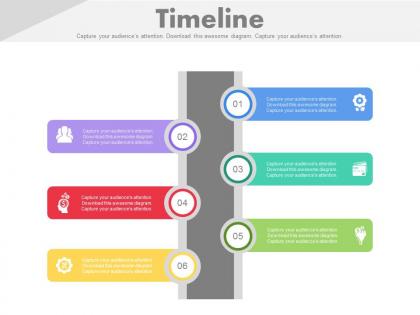 Six staged vertical timeline with tags powerpoint slides