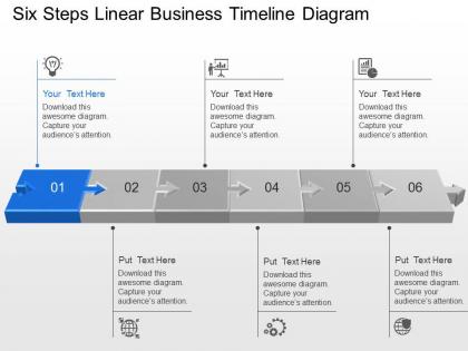 Six steps linear business timeline diagram powerpoint template slide