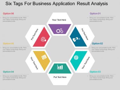 Six tags for business application result analysis flat powerpoint design