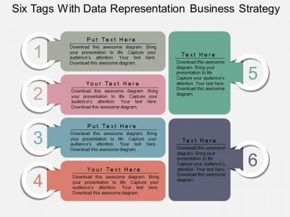 Six tags with data representation business strategy flat powerpoint design