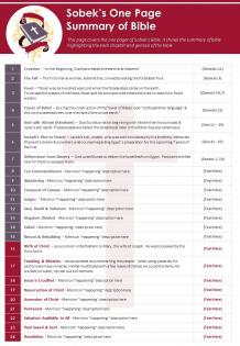 Sobeks one page summary of bible presentation report infographic ppt pdf document