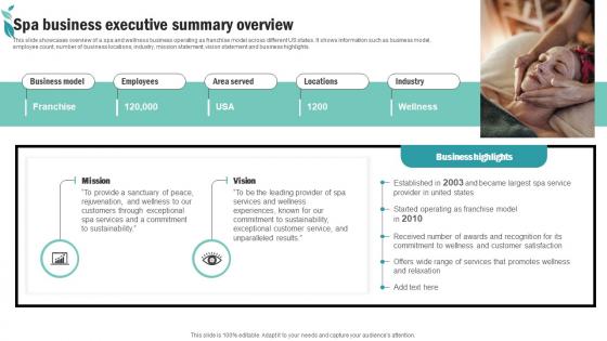 Spa Business Executive Summary Overview Spa Advertising Plan To Promote And Sell Business Strategy SS V