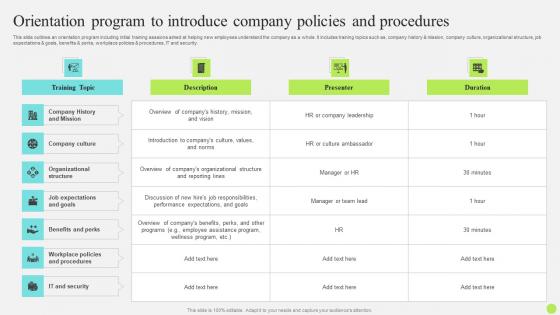 Staff Onboarding And Training Orientation Program To Introduce Company Policies And Procedures