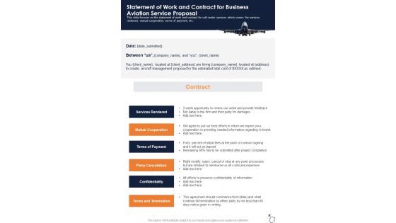 Statement Of Work And Contract For Business Aviation Service Proposal One Pager Sample Example Document