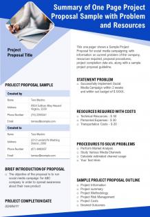 Summary of one page project proposal sample with problem and resources report ppt pdf document