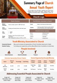 Summary page of church annual youth report presentation report infographic ppt pdf document