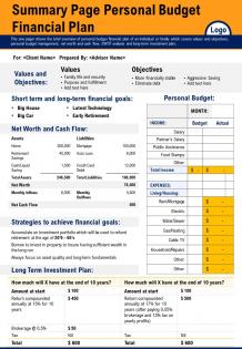 Summary page personal budget financial plan presentation report infographic ppt pdf document