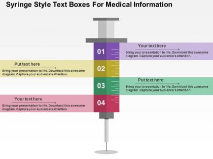 Syringe style text boxes for medical information flat powerpoint design