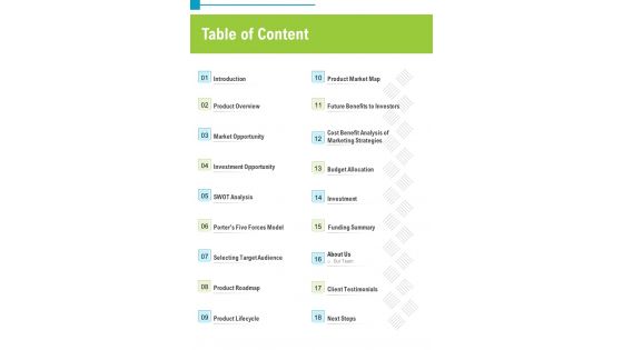 Table Of Content Business Concept Proposal One Pager Sample Example Document