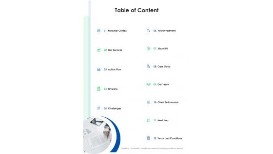 Table Of Content Business Transformation Proposal One Pager Sample Example Document