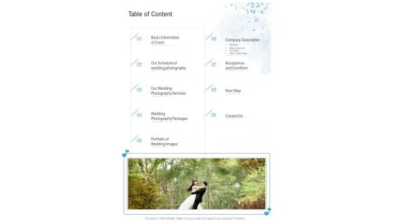 Table Of Content Wedding Photography Proposal Template One Pager Sample Example Document