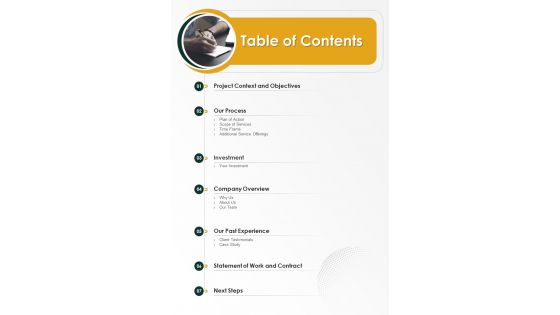 Table Of Contents Business Plan Proposal One Pager Sample Example Document