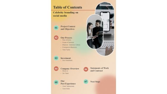 Table Of Contents Celebrity Branding On Social Media One Pager Sample Example Document