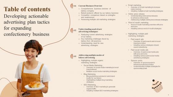 Table Of Contents Developing Actionable Advertising Plan Tactics For Expanding Confectionery MKT SS V