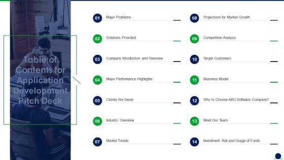 Table Of Contents For Application Development Pitch Deck Ppt Icons Tips